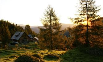 A picturesque cabin in a wooded setting at sunset. The gentle hills and trees create a calm, idyllic atmosphere.