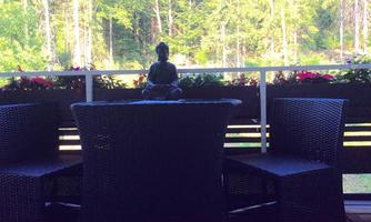 A cozy table with two rattan chairs. In the background, a green forest landscape can be seen.