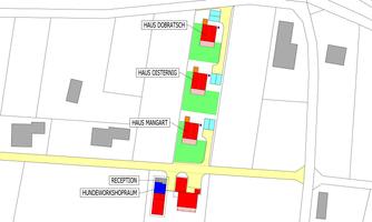 An overview map featuring various buildings and facilities. The houses Dobatsch, Oisternig, and Mangart are visible, along with the areas for reception and the dog workshop.