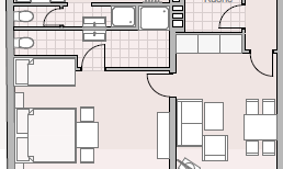 A floor plan of an apartment with a kitchen, bathroom, and several rooms. The plan also shows a south-facing balcony.