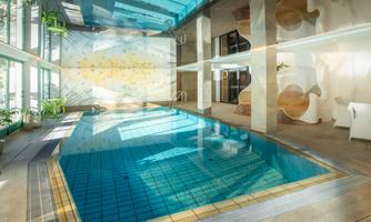A modern indoor pool with clear water and large windows that let in plenty of daylight. The walls are decorated with creative wall designs and plants.