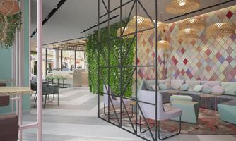 A modern lounge ambiance with comfortable seating and a colorful wall decoration.  
Plants and stylish lighting accents create a cozy atmosphere.