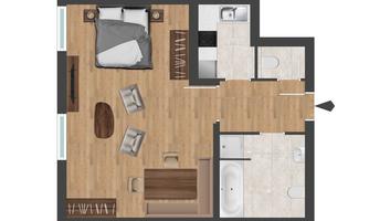 A simple floor plan of an apartment. The plan shows a bedroom, a living room, a kitchen, and a bathroom.