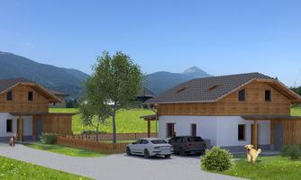 A modern duplex in a rural setting. The houses are surrounded by a green meadow, with cars and a dog in the foreground.