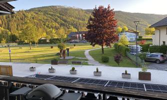 A peaceful landscape with green hills and a beautiful red tree. In the foreground, there are flower boxes and a grill.