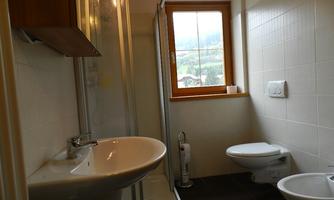 A bright bathroom with a shower, sink, and toilet. A window lets in natural light and offers a view outside.