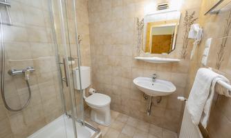 A modern bathroom with a shower corner, toilet, and sink. The walls are in neutral tones.