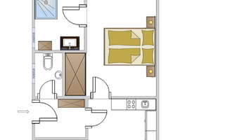 A floor plan sketch of an apartment with one bedroom, a living area, and a terrace. The plan shows the arrangement of furniture and rooms.