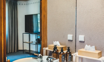 A modern bathroom with a stylish sink and wooden shelves. In the background, a room with a television is visible.