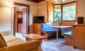 A cozy living room with a couch and a table. There is a television and blue chairs in front of a window with a view of the greenery.
