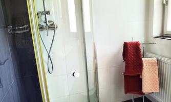 A modern shower in a bright bathroom. Towels in red and orange hang next to the shower.