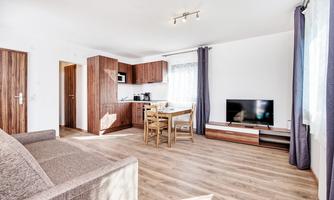 A modern living room with a sofa, a dining table, and a kitchenette. The large windows provide plenty of daylight.