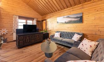 A cozy living room with wooden walls and a modern television. The furniture is made of beige and gray fabric, surrounded by a rustic atmosphere.