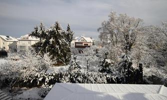 A snowy landscape with colorful houses and snow-covered trees. The sky is slightly cloudy, and there is a calm winter atmosphere.