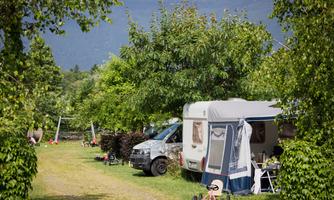 A beautiful campsite with caravans and many trees. The surroundings are green and inviting.