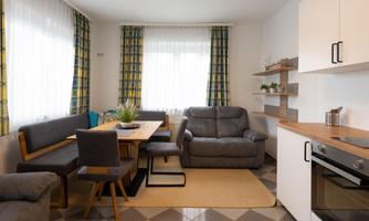 A modern living-dining room with a bright decor. There is a cozy seating area, a large table, and kitchen furniture.