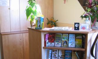 A reception desk with a small plant decoration. On the shelf, there are information brochures and a few flowers.