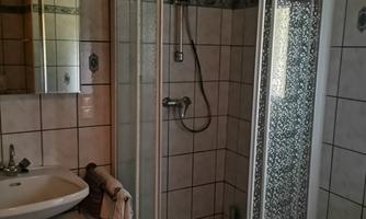 A bathroom with a glass shower cabin and a sink. The walls are tiled, and a wooden ceiling creates a cozy atmosphere.