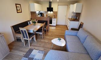 A modern apartment with an open kitchen and a dining area. The cozy living room features a gray couch and a small table.