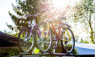 Three bicycles on the roof of a car, illuminated by radiant sunlight. In the background, green trees can be seen.