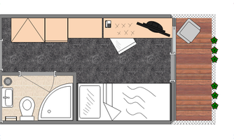 A schematic representation of a small room with a bathroom and an outdoor area. The room contains a bed, a couch, and a table.