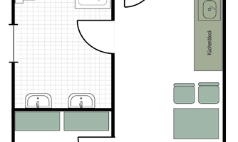A floor plan drawing of an apartment with two bedrooms, a bathroom, and an open living area. On the right side, a kitchen and a balcony are depicted.