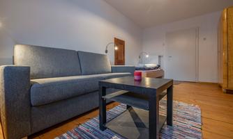 A cozy living room with a gray sofa and a small table. The floor is made of wood and a colorful rug lies underneath.
