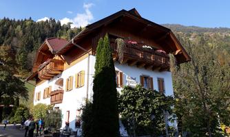 A beautiful alpine house with wooden cladding and a balcony. Surrounded by trees and mountains under a clear sky.