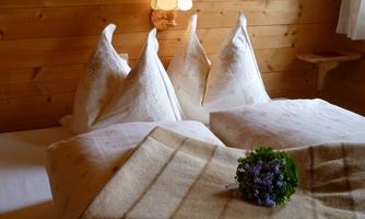 A cozy bedroom with wood paneling and two beds. Decorative cushions and a beautiful flower arrangement are placed on the beds.