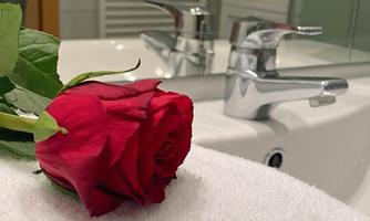 A red rose lies on a white towel next to a bathroom sink. In the background, shiny faucets are visible.