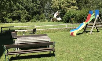 A green garden with a playground and a slide. In the background, there are trees and a small hut.