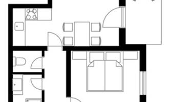 A floor plan of a house with two bedrooms, a living room, and a kitchen. The outdoor area features a seating area.
