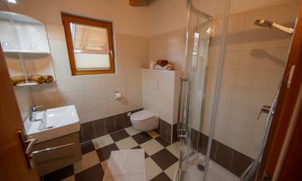 A modern bathroom with a shower cabin and a toilet. The walls are tiled and large windows provide plenty of light.