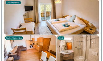 A modern vacation apartment with a cozy bedroom and a living as well as dining area. The apartment features a practical kitchen and a bathroom with a shower.