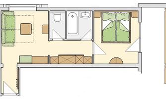 A floor plan drawing of a small apartment. It shows a cozy living room, a bathroom, and a bedroom with two beds.
