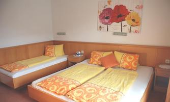 A cozy bedroom with two beds and colorful bedding. On the wall hangs a piece of art with floral motifs.