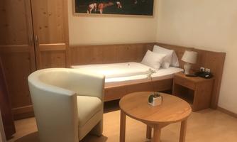 A simple single room with a bed, a table, and an armchair.  
On the wall hangs a picture of mountains and horses.