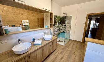 A modern bathroom with wooden shelves and two sinks. The shower stall has a beautiful nature photograph in the background.