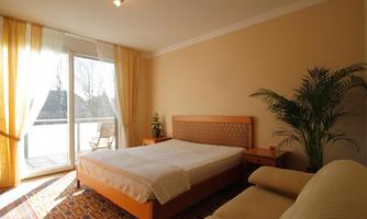 A cozy bedroom with a large bed and a couch. Bright curtains let in a lot of light, and there is a plant in the corner.
