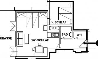 A floor plan of an apartment with a living room, bedroom, and separate bathroom. The terrace is also included.