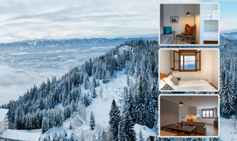 A picturesque winter landscape with snow-covered mountains and clouds. The image shows cozy interiors with a view of the mountains.