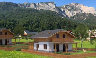 A modern semi-detached house in a beautiful rural setting. Majestic mountains and green meadows rise in the background.