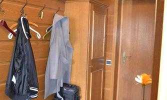 A hallway with wooden paneling and a coat area. Jackets hang on the wall, and a flower in a vase is on a dresser.