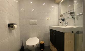 A modern bathroom with white tiles and a sink. The facilities include a toilet, a shower, and some practical accessories.