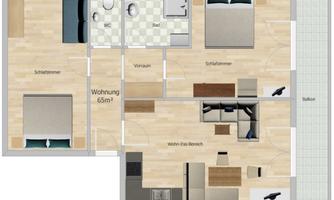 A modern apartment with an area of 65 m². It has two bedrooms, a bathroom, and a living-dining area.