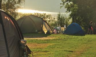 A campsite with several tents and green grass. In the background, the sunlight reflects off the water.
