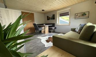 A cozy living room with a green sofa and a wooden tray. The room is bright and tastefully furnished, with a plant in the foreground.