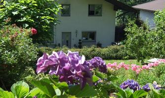 A beautiful house surrounded by a blooming garden. Colorful flowers and green leaves create an inviting atmosphere.
