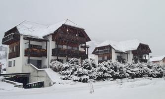 A snow-covered landscape featuring three wooden chalets. The sky is gray and snowflakes are falling.
