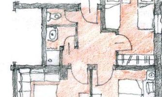 A simple floor plan drawing of a house with several rooms. The drawing shows a kitchen, a living room, and bedrooms.